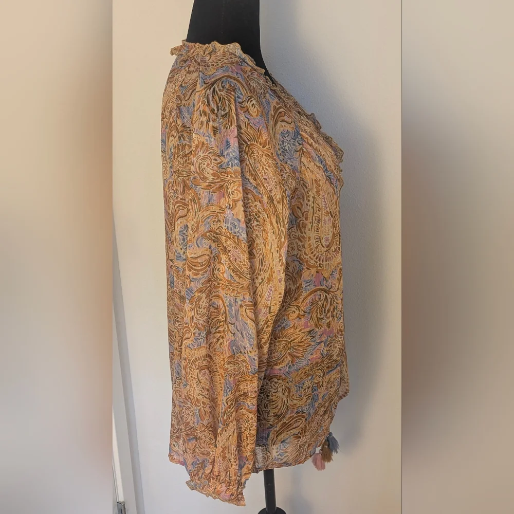 Democracy Womens Yellow Brown Paisley Sheer Peasant Top + Blouse Size L $88 EUC - Picture 5 of 13